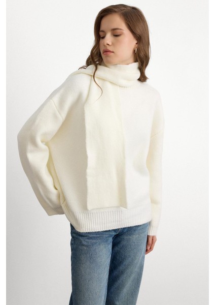 Bisiklet Yaka Atkı Salaş Kalın Kazak Ekru 8280 modelleri