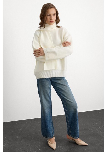 Bisiklet Yaka Atkı Salaş Kalın Kazak Ekru 8280 fırsatları