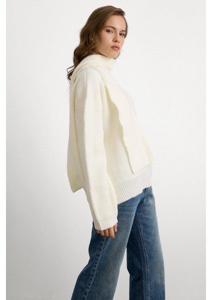 Bisiklet Yaka Atkı Salaş Kalın Kazak Ekru 8280