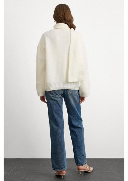 Bisiklet Yaka Atkı Salaş Kalın Kazak Ekru 8280