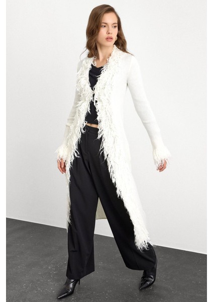 Püskül Detaylı Uzun Triko Hırka Ekru 8281 fiyatları