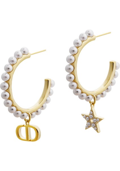 ADORE-R0473 Altın Harfli Beşgen Asimetrik Daire Inci Küpe (Yurt Dışından)