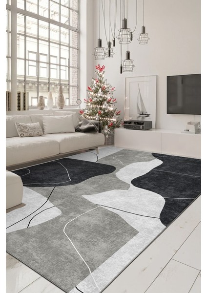 Minimalist Mekânlara Derinlik Katın Siyahın Sessizliği, Beyazın Işıltısı: Soyut Desenli Kaymaz Taban Halı fiyatları