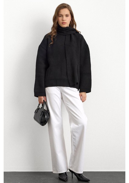 Bisiklet Yaka Atkı Salaş Kalın Kazak Siyah 8280