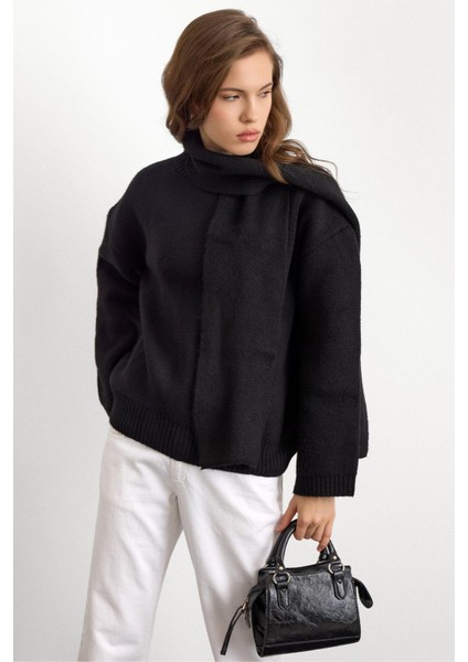 Bisiklet Yaka Atkı Salaş Kalın Kazak Siyah 8280 indirimleri