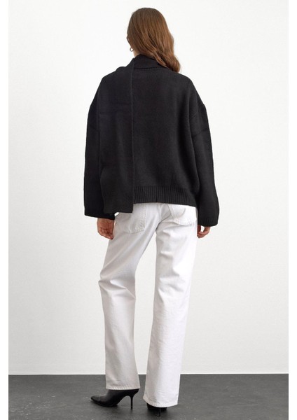 Bisiklet Yaka Atkı Salaş Kalın Kazak Siyah 8280