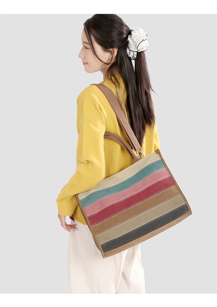 2025 Yeni Retro Kontrast Renkli Omuz Çantası Tote Gökkuşağı Çanta Kadın Çantası Modaya Uygun Her Şeye Uygun Basit Çanta Kadın (Yurt Dışından) fırsatları