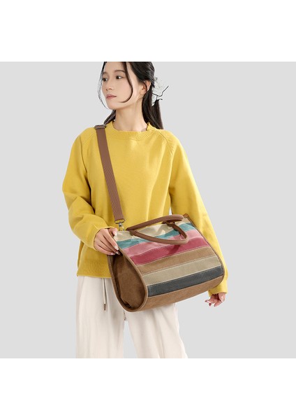 2025 Yeni Retro Kontrast Renkli Omuz Çantası Tote Gökkuşağı Çanta Kadın Çantası Modaya Uygun Her Şeye Uygun Basit Çanta Kadın (Yurt Dışından) indirimleri