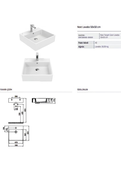 Next Kare Beyaz Delikli Lavabo 50x50 Cm NX256 modelleri