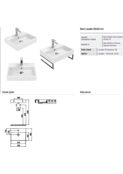 Next Kare Beyaz Delikli Lavabo 40x50 Cm NX242 indirimleri