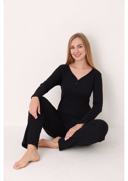 Siyah Patlı V Yaka Pijama Takım