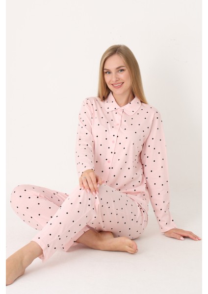Somon Polka Dot Önden Düğmeli Pijama Takım