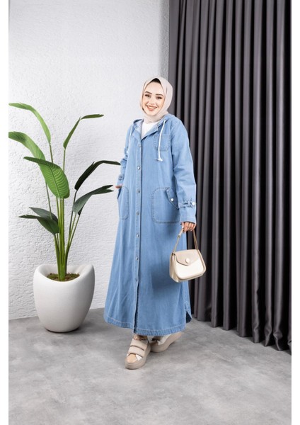Kadın Cepli Düğmeli Kapüşonlu Denim Kot Trençkot fiyatları