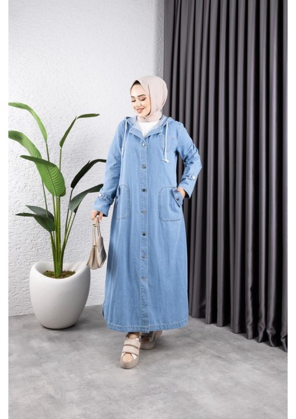 Kadın Cepli Düğmeli Kapüşonlu Denim Kot Trençkot fırsatları