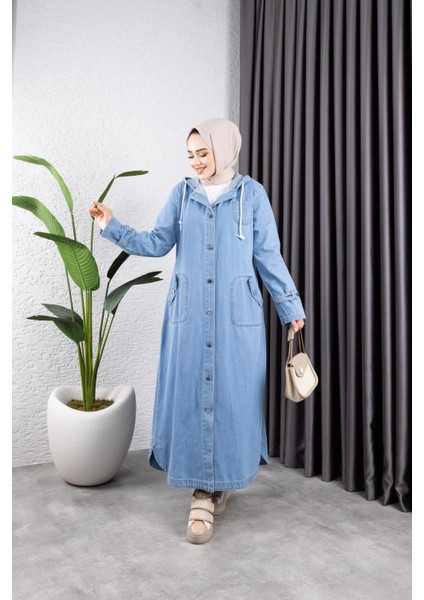 Kadın Cepli Düğmeli Kapüşonlu Denim Kot Trençkot indirimleri