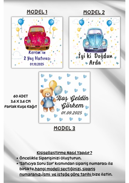 Kare Çikolata Etiketi/kişiye Özel Hoşgeldin Bebek/doğum Günü Etiketi - 3,6 x 3,6 cm 60 Adet
