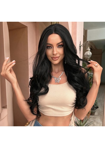 Uzun Siyah Su Dalgalı Tül Peruk