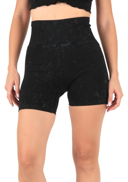 Yüksek Bel Asit Yıkamalı Kısa Spor Tayt