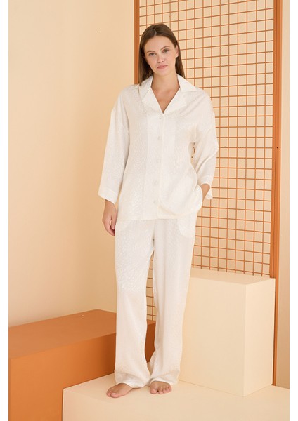 Ekru Önden Düğmeli Pijama Takım