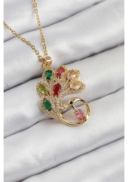 316L Çelik Zirkon Taşlı Tavus Kuşu Model Gold Renk Kadın Kolye - TJ-BKO10514