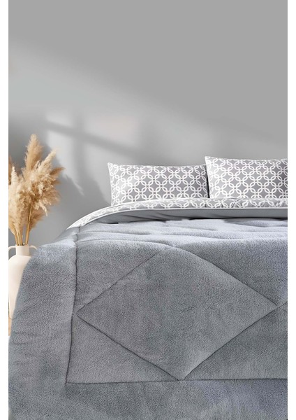 Gri Geometrik Loura Tek Kişilik Çift Taraflı Lüx Wellsoft Yorgan Seti 155X215 cm