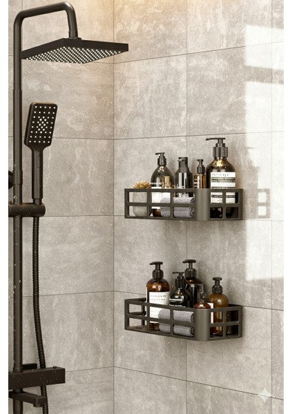 2li Set Banyo Duş Rafı Şampuanlık Sabunluk Siyah Yapışkanlı Duş Organizer Suya Dayanıklı Plastik