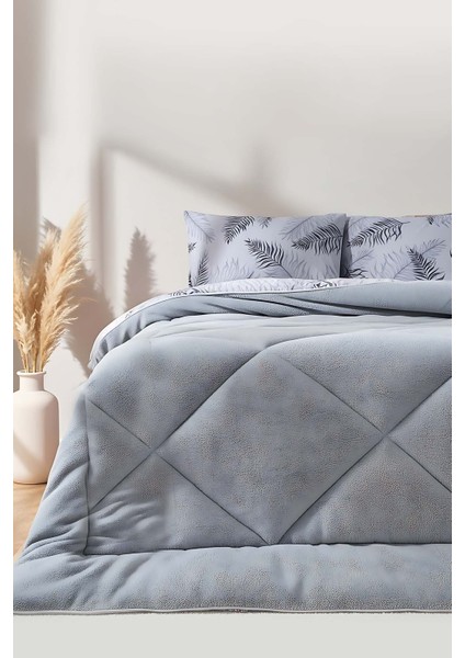 Gri Yaprak Loura Tek Kişilik Çift Taraflı Lüx Wellsoft Yorgan Seti 155x215 cm