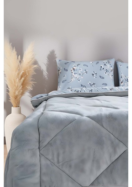 Gri Çiçekli Loura Çift Kişilik Çift Taraflı Lüx Wellsoft Yorgan Seti 195x215 cm