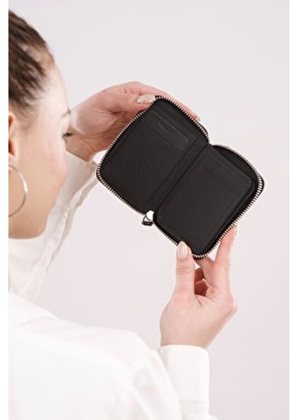 Mini Petty Deri Cüzdan Kartlık Bölmeli Fermuarlı Güvenli Kullanım