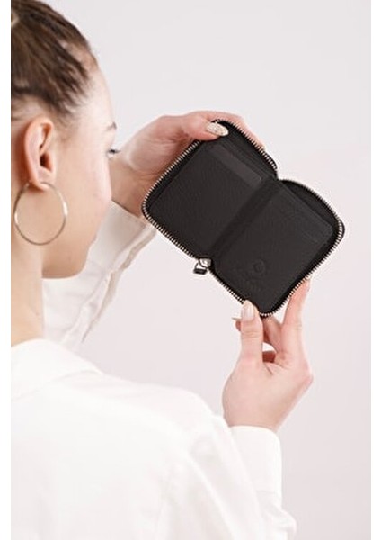 Mini Petty Deri Cüzdan Kartlık Bölmeli Fermuarlı Güvenli Kullanım