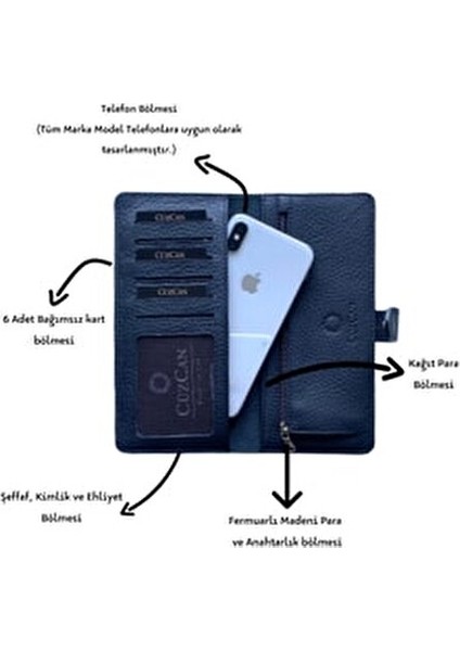 Creen Unisex Hakiki Deri Telefon Cüzdanı 8 Kart Bölmeli Şık Tasarım