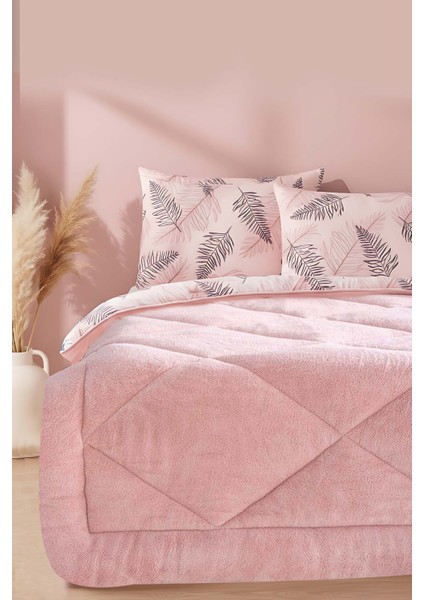 Pudra Yaprak Loura Tek Kişilik Çift Taraflı Lüx Wellsoft Yorgan Seti 155x215 cm