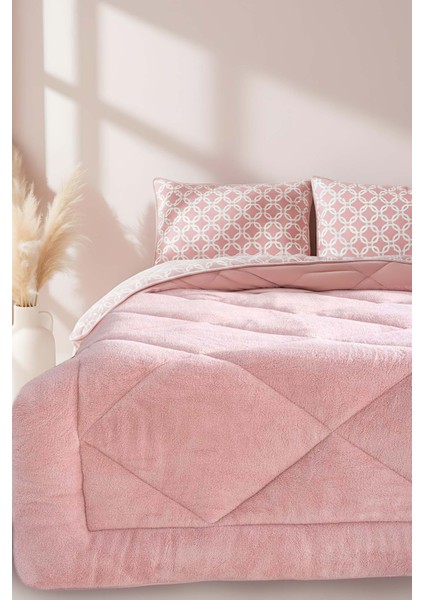 Pudra Geometrik Loura Çift Kişilik Çift Taraflı Lüx Wellsoft Yorgan Seti 195x215 cm