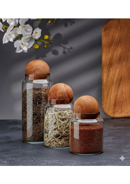 3'lü Lüks Ahşap Top Kapaklı Cam Saklama Kavanozu Seti | Çay Kahve Baharatlık Erzak Kabı