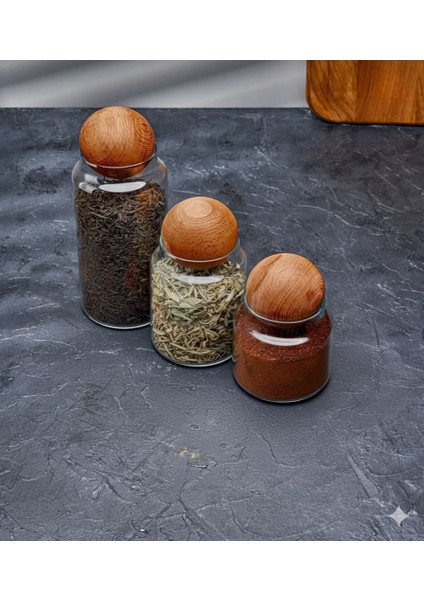 3'lü Lüks Ahşap Top Kapaklı Cam Saklama Kavanozu Seti | Çay Kahve Baharatlık Erzak Kabı fiyatları