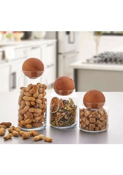3'lü Lüks Ahşap Top Kapaklı Cam Saklama Kavanozu Seti | Çay Kahve Baharatlık Erzak Kabı modelleri