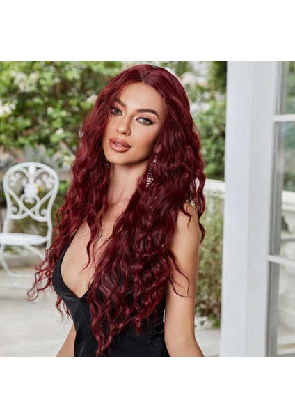 Koyu Kızıl Su Dalgalı Fiber Sentetik Tül Peruk