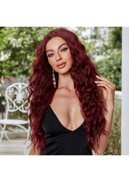 Koyu Kızıl Su Dalgalı Fiber Sentetik Tül Peruk fırsatları