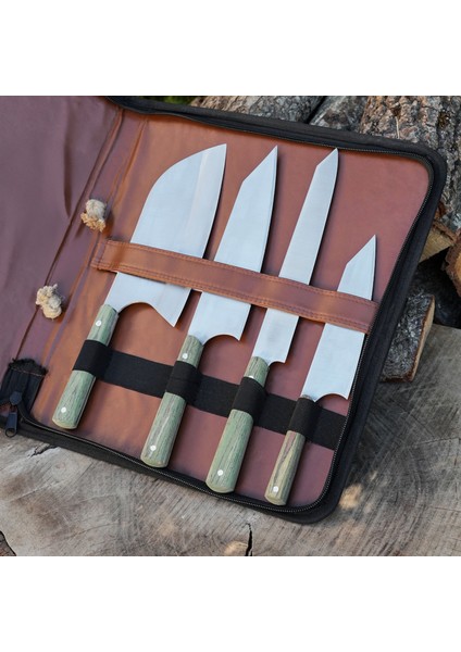 Şef Bıçağı Seti 4'lü - Ceviz Sap - Çantalı