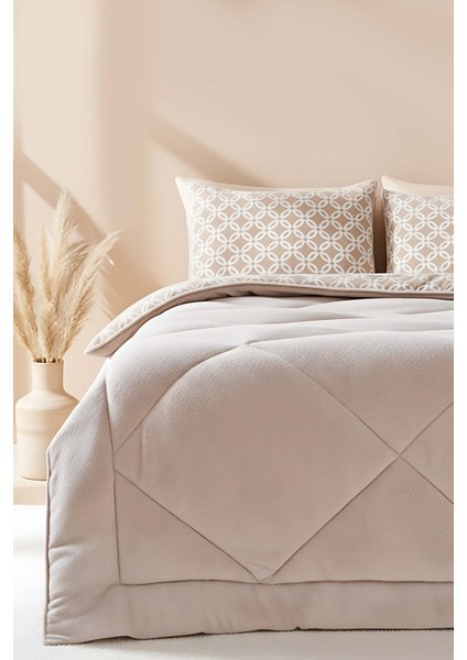 Bej Geometrik Loura Çift Kişilik Çift Taraflı Lüx Wellsoft Yorgan Seti 195x215 cm