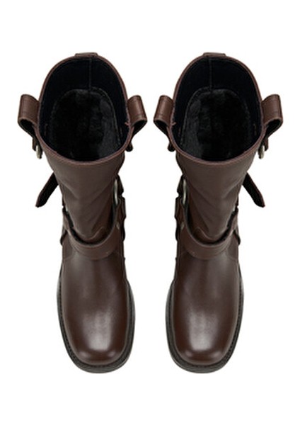 Kadın Deri Kovboy Çizme Metal Aksesuar Detaylı 5 cm Topuk