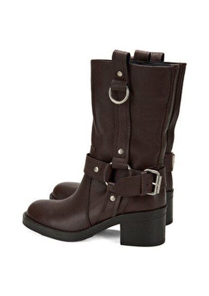 Kadın Deri Kovboy Çizme Metal Aksesuar Detaylı 5 cm Topuk