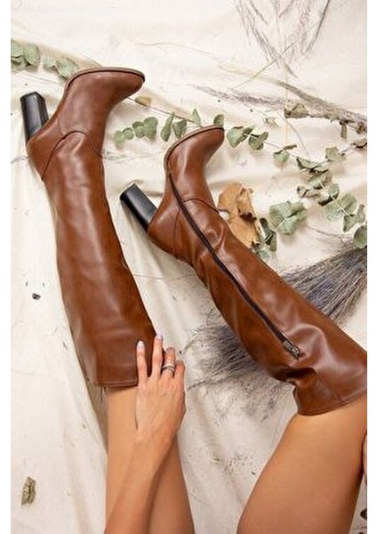 Taba Kadın Çizme Deri Malzeme Yüksek Topuk 10 cm A654018009 fırsatları