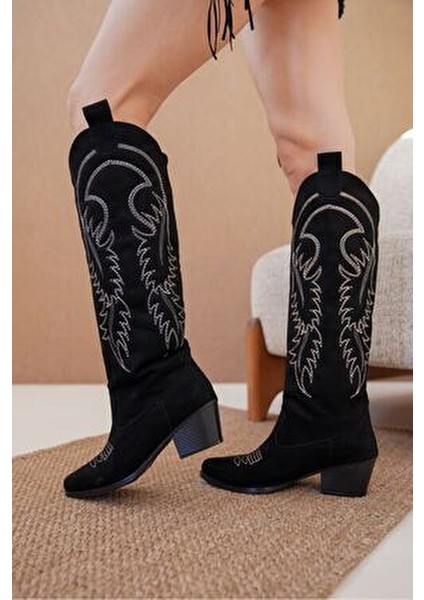Kadın Rendon Kovboy Çizme Siyah Süet