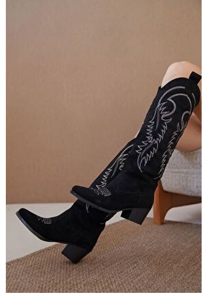 Kadın Rendon Kovboy Çizme Siyah Süet