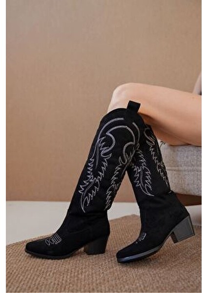 Kadın Rendon Kovboy Çizme Siyah Süet