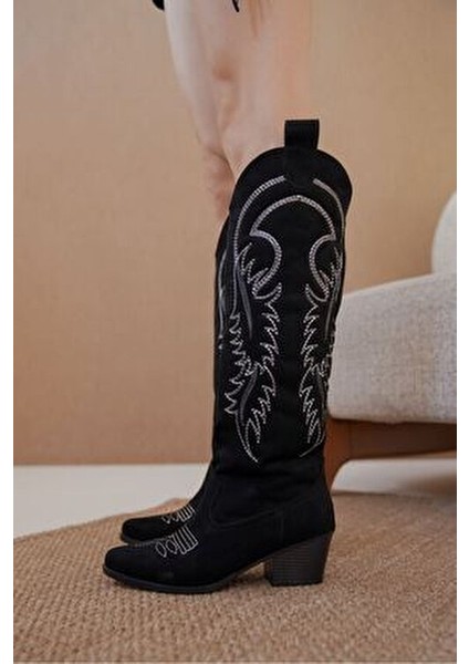 Kadın Rendon Kovboy Çizme Siyah Süet