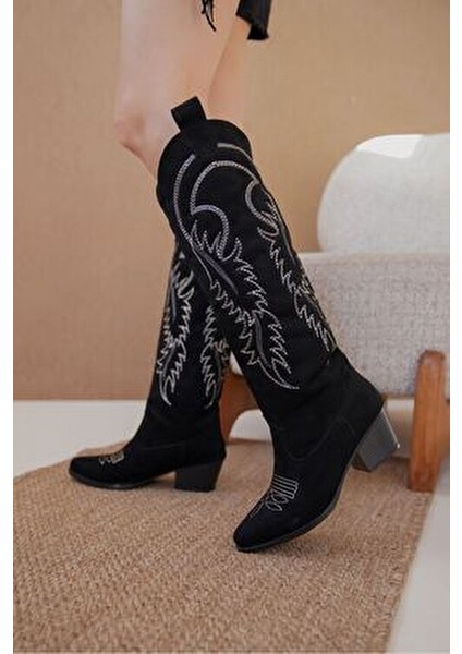 Kadın Rendon Kovboy Çizme Siyah Süet