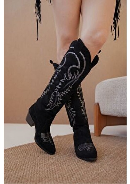 Kadın Rendon Kovboy Çizme Siyah Süet