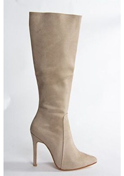 Bej Süet İnce Topuklu Sivri Burun Kadın Çizme N372530102
